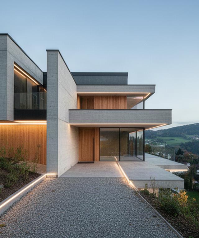Modernes Schweizer Wohnhaus mit Sichtbeton, Holz und präzisen Lichtlinien