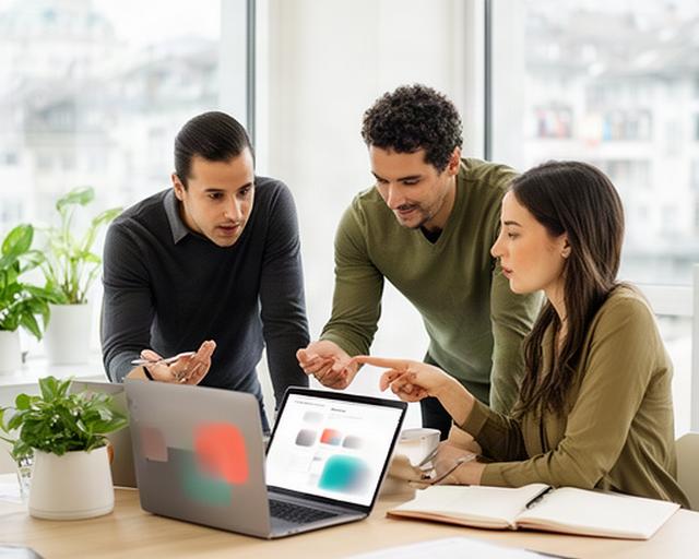 Marketingteam bespricht eine digitale Branchenpublikation an einem hellen Zürcher Arbeitsplatz