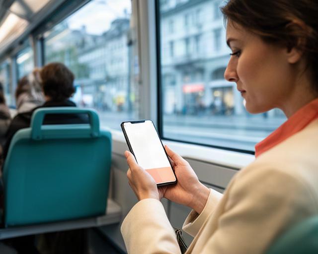 Pendlerin liest ein digitales Magazin im Zürcher Tram während der morgendlichen Fahrt