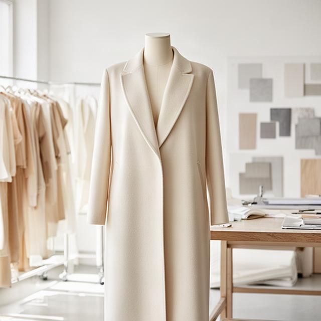 Editorial-Aufnahme eines cremefarbenen Mantels in einem hellen Modeatelier