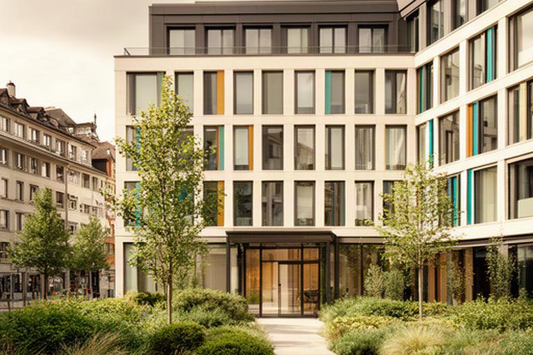 Modernes Bürogebäude an der Hüttenrainstrasse in Zürich mit begrüntem Eingangsbereich