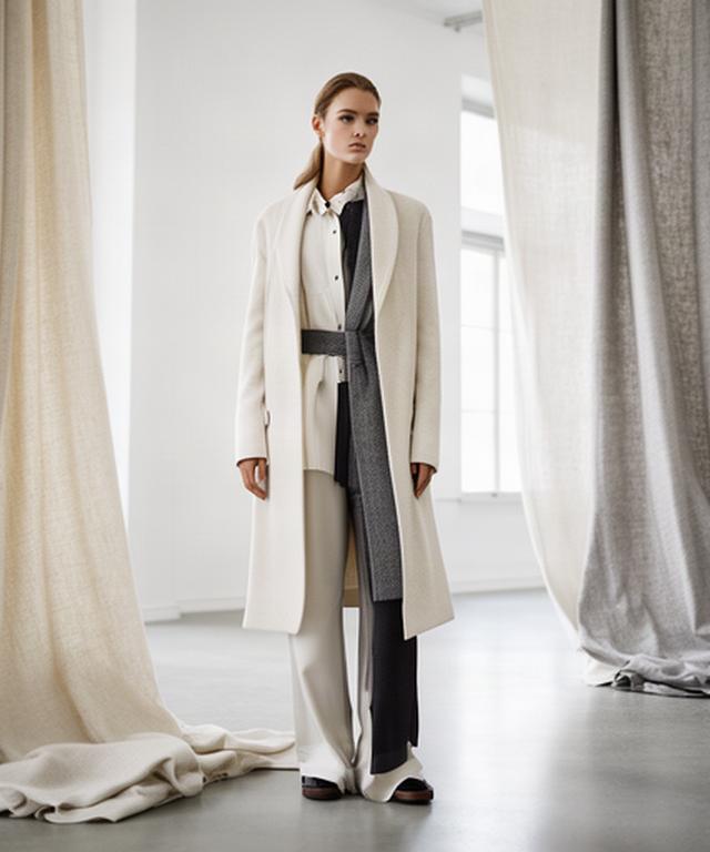 Model in hochwertiger Mode vor einer hellen Galerie mit grosszügigen Stoffstrukturen