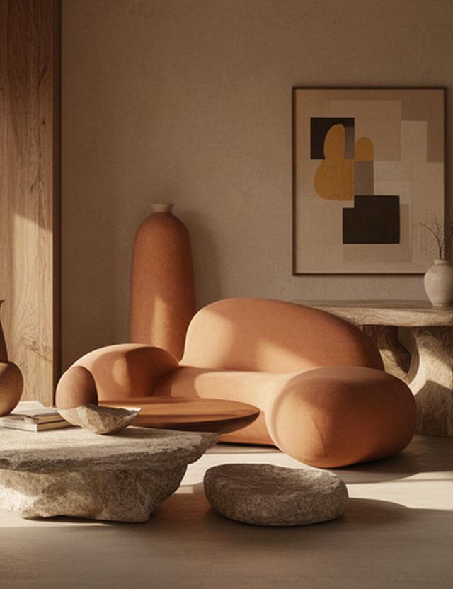 Design-Magazin mit skulpturalem Interieur in warmen Naturtönen
