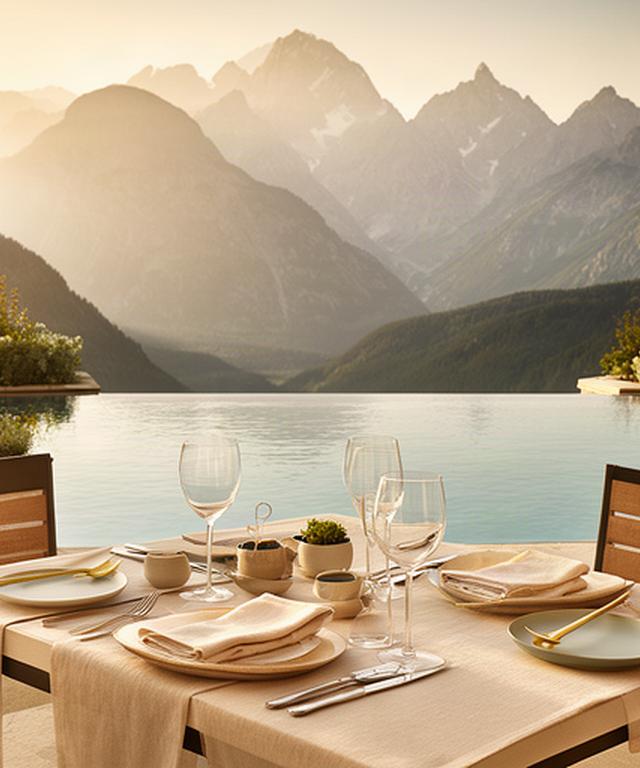 Ruhige Hotelterrasse mit Blick auf Berge, Pool und sorgfältig gedeckten Tisch