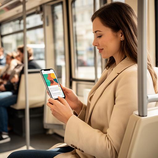 Pendlerin liest ein interaktives digitales Magazin auf ihrem Smartphone im Zürcher Tram