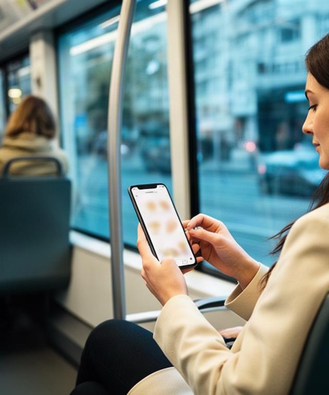 Pendlerin liest ein digitales Magazin im Zürcher Tram während der morgendlichen Fahrt