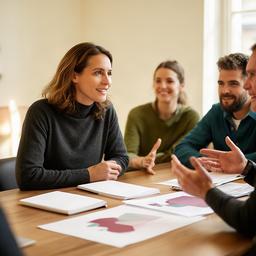 Staub Consolante im Gespräch mit einem Redaktionsteam im Zürcher Medienbüro