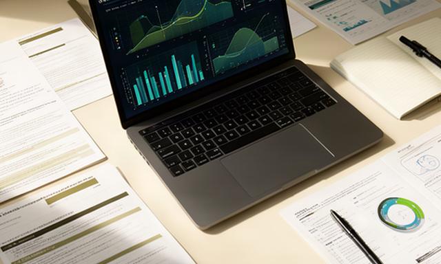 Redaktioneller Arbeitsplatz mit Laptop, Diagrammen und Notizen zum Thema Technologie