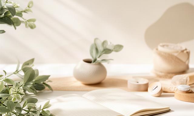 Helles Gesundheitsstudio mit Notizbuch und botanischen Details
