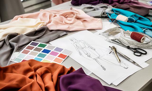 Designeratelier mit Stoffmustern und Skizzen für eine Modegeschichte