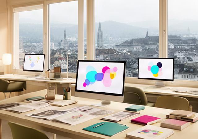 Helles Büro eines digitalen Verlags in Zürich mit Redaktionstisch, Bildschirmen und Blick auf die Stadt