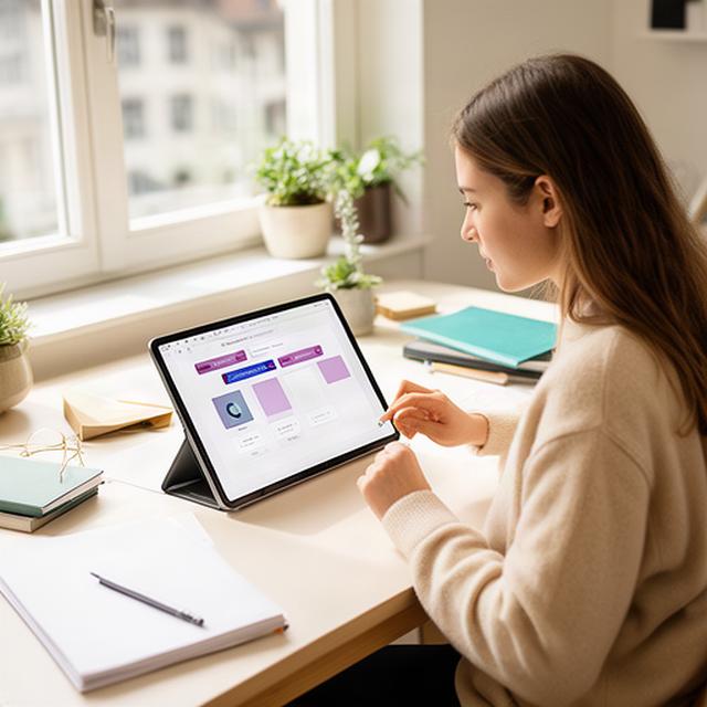 Studentin mit Tablet an einem hellen Zürcher Schreibtisch, auf dem ein interaktives Lernquiz geöffnet ist